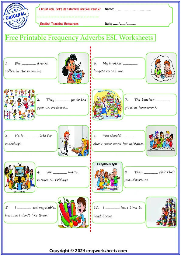 Free Printable Frequency Adverbs ESL Worksheets Worksheet Preview